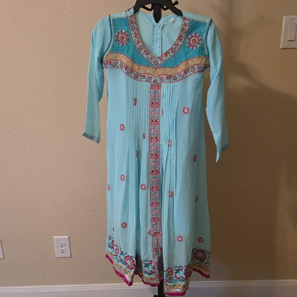 Blue Embellished Buttoned Sundress with Mandarin Collar